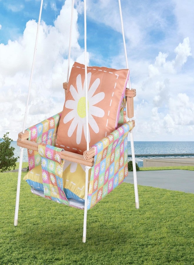 BOFFLE أرجوحة بوفل، أرجوحة أطفال معلقة داخلية وخارجية، أرجوحة خشبية، أرجوحة حديقة للأطفال، أرجوحة مع وسادتين (زهرة) - Image 3